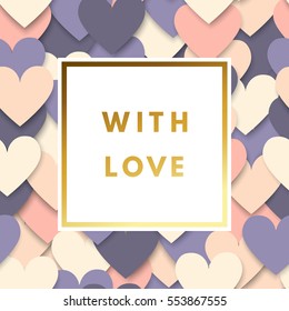 Romantic love creative, printable journaling, Valentine day greeting card. Gold minimal logo in frame on abstract background. Design for banner, poster, flyer, package template.