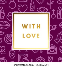 Romantic love creative, printable journaling, Valentine day greeting card. Gold minimal logo in frame on abstract background. Design for banner, poster, flyer, package template.