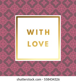 Romantic love creative, printable journaling, Valentine day greeting card. Gold minimal logo in frame on abstract background Vintage modern design for banner, poster, flyer, package template.