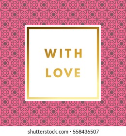 Romantic love creative, printable journaling, Valentine day greeting card. Gold minimal logo in frame on abstract background Vintage modern design for banner, poster, flyer, package template.