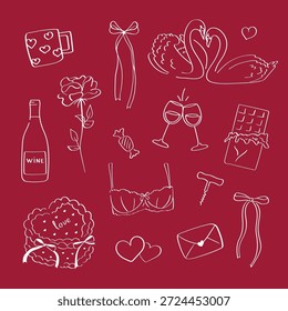 Elementos románticos del doodle del amor en el fondo rojo. Conjunto de Clipart dibujado a mano para tarjetas de San Valentín, papelería de boda y diseños festivos de redes sociales