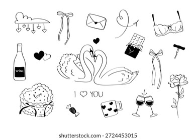 Elementos románticos del doodle del amor fijados con los cisnes, el vino, el caramelo y los corazones en un fondo blanco. Pack de Clipart dibujados a mano para tarjetas de San Valentín, papelería de boda y diseños de redes sociales