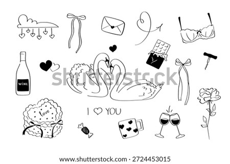 Romantic love doodle elements set with swans, wine, candy and hearts on a white background. Hand drawn clipart pack for Valentines Day cards, wedding stationery and social media designs