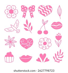 Romantic Love Doodles Set. Pink Girlie Coquette Femininity Scribbles. Wedding design elements collection. Flat vector illustration