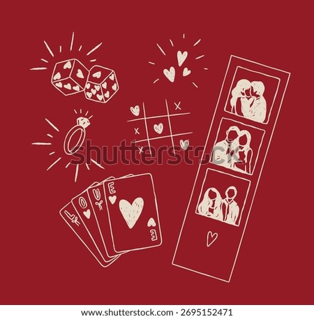 Romantic love elements dice, heart shapes, ring, cards, photo drawing in cute vintage style with beige on red background