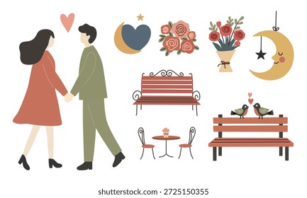 Elementos románticos de amor en ilustración plana para el tema de San Valentín. Perfecto para tarjetas de boda, redes sociales, carteles, invitaciones y marca romántica.