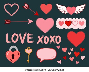 Elementos románticos de amor en estilo dibujado a mano para temas de San Valentín. Perfecto para pegatinas, tarjetas, manualidades, kits digitales y proyectos de diseño romántico.