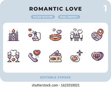 Romantic Love Filled Icons Pack for UI. Editable Stroke. Pixel perfect thin line vector icon set for web design and website application.
