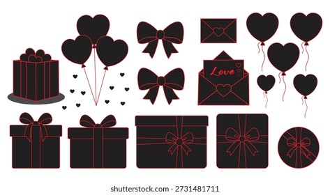 Romantisches Love Geschenkelemente Set mit Herzballons, Umschlägen und dekorativen rosa Geschenkboxen