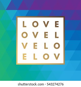 Romantic love gold minimal logo in frame on geometric background. Vintage modern label. Retro package template. Trend layout, art print. Valentine day greeting card