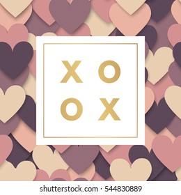 Romantic love gold minimal logo in frame on hearts background. Vintage modern label. Retro package template. Trend layout, art print. Valentine day greeting card