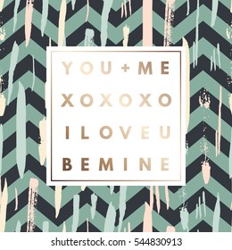 Romantic love gold minimal logo in frame on abstract background. Vintage modern label. Retro package template. Trend layout, art print. Valentine day greeting card