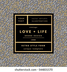 Romantic love gold minimal logo in frame on abstract background. Vintage modern label. Retro package template. Trend layout, art print. Valentine day greeting card