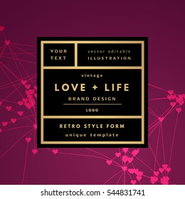 Romantic love gold minimal logo in frame on abstract background. Vintage modern label. Retro package template. Trend layout, art print. Valentine day greeting card