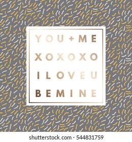 Romantic love gold minimal logo in frame on abstract background. Vintage modern label. Retro package template. Trend layout, art print. Valentine day greeting card