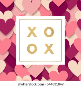 Romantic love gold minimal logo in frame on hearts background. Vintage modern label. Retro package template. Trend layout, art print. Valentine day greeting card