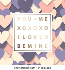 Romantic love gold minimal logo in frame on hearts background. Vintage modern label. Retro package template. Trend layout, art print. Valentine day greeting card