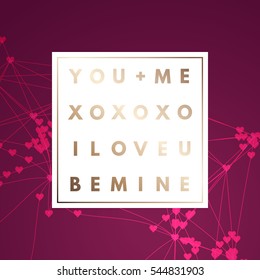 Romantic love gold minimal logo in frame on abstract background. Vintage modern label. Retro package template. Trend layout, art print. Valentine day greeting card
