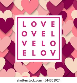 Romantic love gold minimal logo in frame on hearts background. Vintage modern label. Retro package template. Trend layout, art print. Valentine day greeting card