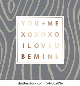 Romantic love gold minimal logo in frame on abstract background. Vintage modern label. Retro package template. Trend layout, art print. Valentine day greeting card