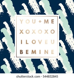 Romantic love gold minimal logo in frame on abstract background. Vintage modern label. Retro package template. Trend layout, art print. Valentine day greeting card