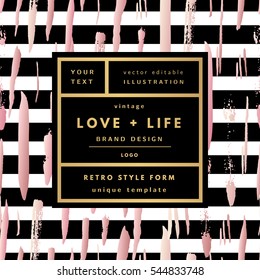 Romantic love gold minimal logo in frame on abstract background. Vintage modern label. Retro package template. Trend layout, art print. Valentine day greeting card