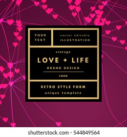 Romantic love gold minimal logo in frame on abstract background. Vintage modern label. Retro package template. Trend layout, art print. Valentine day greeting card