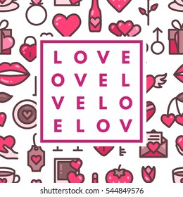 Romantic love gold minimal logo in frame on abstract background. Vintage modern label. Retro package template. Trend layout, art print. Valentine day greeting card