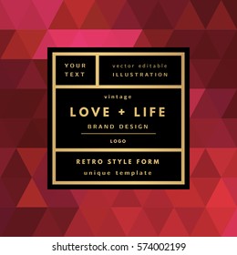 Romantic love gold minimal logo in frame on abstract background. Vintage modern label. Retro package template. Trend layout, art print. Valentine day greeting card.