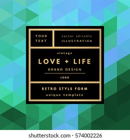 Romantic love gold minimal logo in frame on abstract background. Vintage modern label. Retro package template. Trend layout, art print. Valentine day greeting card.