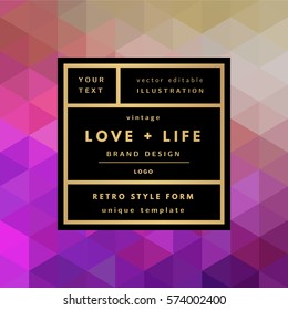 Romantic love gold minimal logo in frame on abstract background. Vintage modern label. Retro package template. Trend layout, art print. Valentine day greeting card.