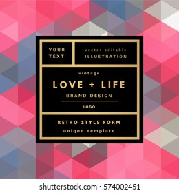 Romantic love gold minimal logo in frame on abstract background. Vintage modern label. Retro package template. Trend layout, art print. Valentine day greeting card.