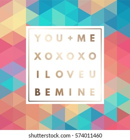 Romantic love gold minimal logo in frame on abstract background. Vintage modern label. Retro package template. Trend layout, art print. Valentine day greeting card.