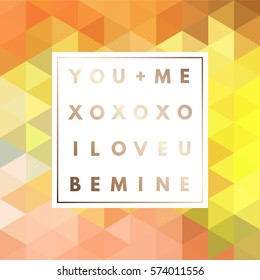 Romantic love gold minimal logo in frame on abstract background. Vintage modern label. Retro package template. Trend layout, art print. Valentine day greeting card.