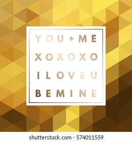 Romantic love gold minimal logo in frame on abstract background. Vintage modern label. Retro package template. Trend layout, art print. Valentine day greeting card.