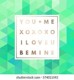 Romantic love gold minimal logo in frame on abstract background. Vintage modern label. Retro package template. Trend layout, art print. Valentine day greeting card.