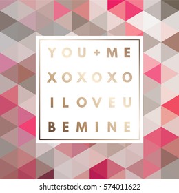 Romantic love gold minimal logo in frame on abstract background. Vintage modern label. Retro package template. Trend layout, art print. Valentine day greeting card.