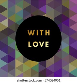 Romantic love gold minimal logo in frame on abstract background. Vintage modern label. Retro package template. Trend layout, art print. Valentine day greeting card.