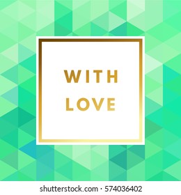 Romantic love gold minimal logo in frame on abstract background. Vintage modern label. Retro package template. Trend layout, art print. Valentine day greeting card.
