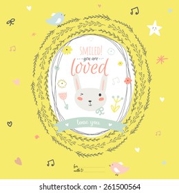 Romantic and love greeting card with vector Spring illustrations. Cute bee in a wreath of leaves. Good for congratulations or invitations. Lovely wishes with cute animals and sweets