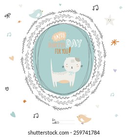 Romantic and love Happy Birthday card with greeting wish and cute cat in a wreath of leaves. Funny invitation in vector. 