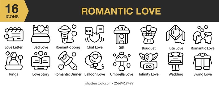 Romantic Love icon set. Includes heart, romantic, love, valentine, romance, and More. Outline icons vector collection.