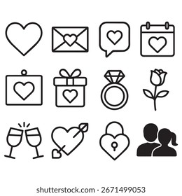 Romantic Love Icon Set Pack Minimalist Black and White Vector EP