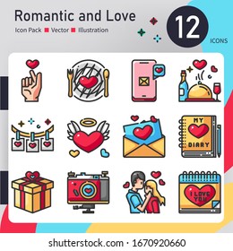 Romantic and Love icons set, Color Outline Style