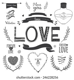 Romantic and love illustrations and typography for Happy Valentines Day. Template for wedding, mothers day, birthday, invitations. Greeting bouquets, hearts, flowers, ribbons, wreaths, laurels, wishes