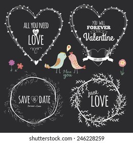 Romantic and love illustrations and typography for Happy Valentines Day. Template for wedding, mothers day, birthday, invitations. Greeting bouquets, hearts, flowers, ribbons, wreaths, laurels, wishes