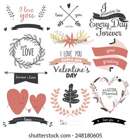 Romantic and love illustrations and typography for Happy Valentines Day. Template for wedding, mothers day, birthday, invitations. Greeting bouquets, hearts, flowers, ribbons, wreaths, laurels, wishes
