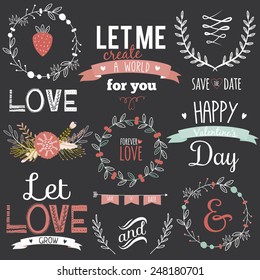 Romantic and love illustrations and typography for Happy Valentines Day. Template for wedding, mothers day, birthday, invitations. Greeting bouquets, hearts, flowers, ribbons, wreaths, laurels, wishes