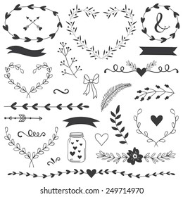 Romantic and love illustrations and typography for Happy Valentines Day. Template for wedding, mothers day, birthday, invitations. Hearts, flowers, ribbons, wreaths, laurels, jar.