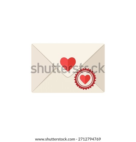 Romantic love letter envelope with red heart seal flat vector icon